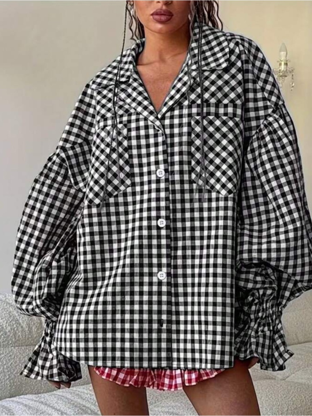 Black & White Gingham Button-Up Women's Top